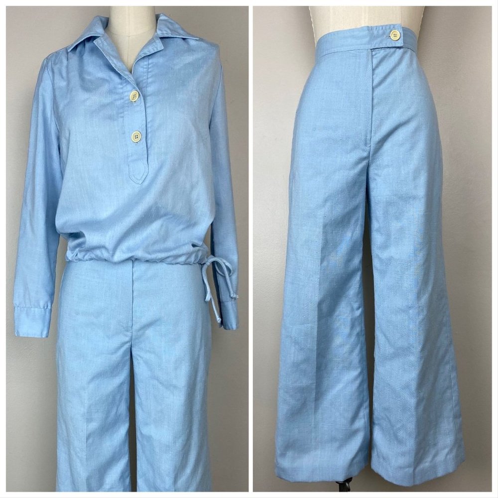 Vintage 1970s JH Collectibles Shirt and Pants Set, Size XS, Pastel Blue Nautical